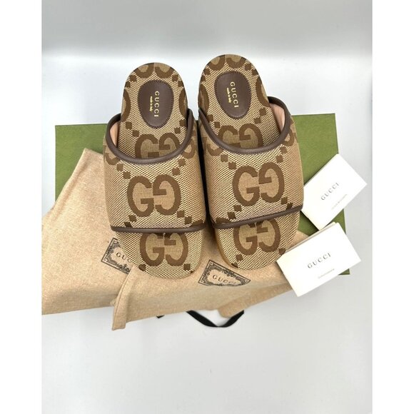 Gucci Monogram Jumbo GG Platform Slide Sandals Camel Ebony Size37 - Picture 12 of 13